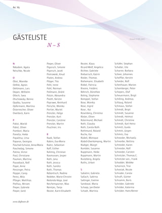 N
Nikodem, Agata
Nitschke, Nicole
O
Obst, Mareike
Oefele, Agnes
Oehlmann, Lars
Oepen, Wilhelm
Ollech, Svea
Olschowsky, Benno
Opalka, Susanne
Opfermann, Martina
Österreicher, Oliver
Overbeck, Karin
P
Pabst, Waridi
Pabst, Oliver
Pambori, Maria
Panella, Heike
Papalitsa, Litsa
Paparas, Georgios
Paschali-Schulze, Anna-Maria
Paschedag, Simone
Patino, Victor
Paul, Christiane
Paumen, Martina
Pauseback, Rolf
Payer, Anne
Penzinger, Petra
Pepper, Carey
Perez, Mila
Pfleger, Matthias
Pielhau, Miriam
Pieper, Gabriele
Pieper, Gerd
Pieper, Oliver
Pigorsch, Simone
Pigorsch, Jacek
Piotrowski, Knud
Platen, Andrea
Plöger, Tilo
Pohl, Irene
Pohl, Norman
Pollmann, André
Polzin, Alexandra
Pooth, Kerstin
Poprawe, Reinhard
Porsche, Monika
Portier, Muriel
Prenzler, Helga
Prenzler, Kurt
Prenzler, Caroline
Prenzler, Martin
Psuchner, Iris
R
Raab, Stefan
Rabini, Eva-Maria
Raetz, Sebastian
Raff, Esther
Rahmig, Christian
Rasmussen, Jesper
Rath, Jana
Rath, Jessica
Rath, Sandro
Rath, Thomas
Rebentisch, Nadine
Redeker, Marie-Christin
Redondo-Vega, José
Reichenspurner, Max
Reintjes, Tanja
Reuter, Karin-Elisabeth
Reuter, Klaus
Ricard-Wolf, Angelica
Richter, Gabriele
Riebartsch, Katrin
Rieder, Thomas
Riehemann, Elisabeth
Riekel, Patricia
Rivoire, Frédéric
Röhrich, Dorothee
Roling, Stephanie
Romppel, Stefan
Rose, Monika
Rose, Ingrid
Rose , Kai
Rosenberg, Christina
Rösler, Oliver
Rotermund, Michael
Roth, Claudia
Roth, Carola Roth
Rothmund, Roland
Rucha, Kai
Rüdell, Monique
Rüdell-Overkämping, Martin
Rüdiger, Margit
Rumbler, Susanne
Ruppmann, Heike
Ruppmann, Martin
Rusteberg, Angela
Ruths, Urban
S
Sabatini, Gabriela
Sallach, Sabrina
Sallinger, Eveline
Sandoval, Maria
Schaap, Jan-Dieter
Schadt, Martina
Schäfer, Stephan
Schaller, Ute
Scharrer, Barbara
Scheer, Johannes
Scheffler, Kerstin
Scheider, Rolf
Scheithauer, Marion
Schemberger, Peter
Schepers, Olaf
Scheuermann, Birgit
Schilling, Andreas
Schlaug, Roland
Schmaus, Stefan
Schmidt, Birgit
Schmidt, Susanne
Schmidt, Helmut
Schmidt, Christine
Schmidt, Karl Heinz
Schmitt, Guido
Schmitt, Jürgen
Schmitz, Eva
Schneider, Michaela
Schneider, Bettina
Schneider, Karen
Schneider, Rolf
Schneider, Carsten
Schnitzler, Thomas C.
Schnitzler sen., Frank
Schodder, Wiebke
Schornick, Trixi
Schostak, Nicole
Schrader, Carola
Schraft, Günter
Schramm, Boris
Schröder, Gabriele
Schröder, Katerina
Schröder, Hans-Reiner
GÄSTELISTE
N – S
Stand 13.05.2011
8584
www.duftstars.de
 