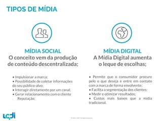 © 2016 –LQDI. All Rights Reserved.
TIPOS DE MÍDIA
MÍDIA SOCIAL
O conceito vem da produção
de conteúdo descentralizada;
• Impulsionar a marca;
• Possibilidade de coletar informações
do seu público-alvo;
• Interagir diretamente por um canal;
• Gerar relacionamento com o cliente
• Reputação;
MÍDIA DIGITAL
A Mídia Digital aumenta
o leque de escolhas;
• Permite que o consumidor procure
pelo o que deseja e entre em contato
com a marca de forma envolvente;
• Facilita a segmentação dos clientes;
• Medir e otimizar resultados;
• Custos mais baixos que a mídia
tradicional.
 