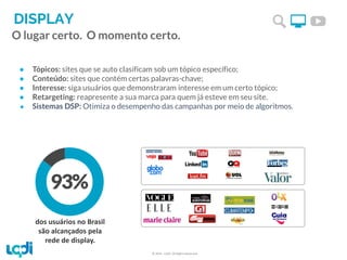 O lugar certo. O momento certo.
● Tópicos: sites que se auto clasificam sob um tópico específico;
● Conteúdo: sites que contém certas palavras-chave;
● Interesse: siga usuários que demonstraram interesse em um certo tópico;
● Retargeting: reapresente a sua marca para quem já esteve em seu site.
● Sistemas DSP: Otimiza o desempenho das campanhas por meio de algoritmos.
DISPLAY
dos usuários no Brasil
são alcançados pela
rede de display.
© 2016 –LQDI. All Rights Reserved.
 