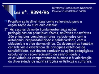 Diretrizes Curriculares Nacionais Parecer CNE/CEB nº 04/98 Propõem sete diretrizes como referência para a organização do currículo escolar.  1ª  As escolas deverão fundamentar suas ações pedagógicas em princípios  éticos, políticos e estéticos . São princípios complementares, relacionados com a autonomia, responsabilidade e solidariedade, com a cidadania e a vida democrática. Os documentos também consideram a existência de princípios estéticos da sensibilidade, que devem conduzir as ações pedagógicas escolares ao reconhecimento da sensibilidade e criatividade do comportamento humano e à valorização da diversidade de manifestações artísticas e culturais. Lei nº. 9394/96 
