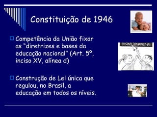 Constituição de 1946 Competência da União fixar as “diretrizes e bases da educação nacional” (Art. 5º, inciso XV, alínea d) Construção de Lei única que regulou, no Brasil, a educação em todos os níveis. 