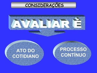 AVALIAR É PROCESSO CONTÍNUO ATO DO COTIDIANO CONSIDERAÇÕES 