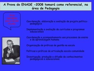 Coordenação, elaboração e avaliação de projeto político-pedagógico Implementação e avaliação de currículos e programas educacionais Coordenação e acompanhamento aos processos de ensino e de aprendizagem humana Organização de práticas de gestão na escola Políticas e práticas de articulação escola-comunidade Investigação, produção e difusão de conhecimentos pedagógicos e educacionais Áreas específicas para a Gestão Escolar A Prova do ENADE -2008 tomará como referencial, na área de Pedagogia 