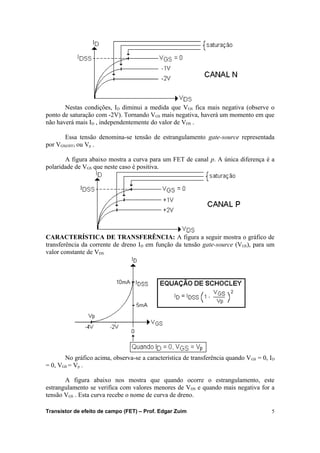 Nestas condições, ID diminui a medida que VGS fica mais negativa (observe o 
ponto de saturação com -2V). Tornando VGS mais negativa, haverá um momento em que 
não haverá mais ID , independentemente do valor de VDS . 
Essa tensão denomina-se tensão de estrangulamento gate-source representada 
por VGS(OFF) ou Vp . 
A figura abaixo mostra a curva para um FET de canal p. A única diferença é a 
polaridade de VGS que neste caso é positiva. 
CARACTERÍSTICA DE TRANSFERÊNCIA: A figura a seguir mostra o gráfico de 
transferência da corrente de dreno ID em função da tensão gate-source (VGS), para um 
valor constante de VDS. 
No gráfico acima, observa-se a característica de transferência quando VGS = 0, ID 
= 0, VGS = Vp . 
A figura abaixo nos mostra que quando ocorre o estrangulamento, este 
estrangulamento se verifica com valores menores de VDS e quando mais negativa for a 
tensão VGS . Esta curva recebe o nome de curva de dreno. 
Transistor de efeito de campo (FET) – Prof. Edgar Zuim 5 
 