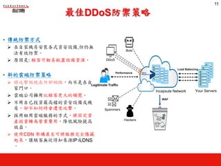 最佳DDoS防禦策略
• 傳統防禦方式
Ø 在自家機房安裝各式資安設備,但仍無
法有效防禦‧
Ø 原因是: 駭客可輕易耗盡設備資源‧
• 新的雲端防禦策略
Ø 將攻擊阻絕在外部網路，而不是在自
家門口‧
Ø 雲端公司擁用比駭客更大的頻寛‧
Ø 不用自已投資最高檔的資安設備或機
房，卻不知何時會遭受攻擊‧
Ø 採用租用雲端服務的方式，將固定資
產投資轉為營業費用，降低風險提高
效益‧
Ø 使用CDN 架構甚至可將服務完全隱藏
起來，讓駭客無從得知來源IP或DNS
‧
Incapsula Network Your Servers
Hackers
Bots
DDoS
Spammers
Legitimate Traffic
WAF
Load Balancing
Performance DDoS
Mitigation
11
 
