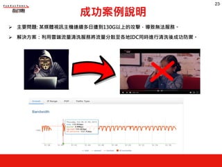 成功案例說明
Ø 主要問題: 某媒體視訊主機連續多日遭到130G以上的攻擊，導致無法服務。
Ø 解決方案：利用雲端流量清洗服務將流量分散至各地IDC同時進行清洗後成功防禦。
23
 