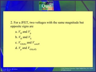 © 2012 Pearson Education. Upper Saddle River, NJ, 07458.
All rights reserved.
Electronic Devices, 9th edition
Thomas L. Floyd
Quiz
2. For a JFET, two voltages with the same magnitude but
opposite signs are
a. VD
and Vp
b. VD
and VS
c. VGS(th)
and Vcutoff
d. Vp
and VGS(off)
 