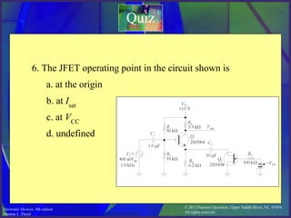 © 2012 Pearson Education. Upper Saddle River, NJ, 07458.
All rights reserved.
Electronic Devices, 9th edition
Thomas L. Floyd
Quiz
6. The JFET operating point in the circuit shown is
a. at the origin
b. at Isat
c. at VCC
d. undefined
 