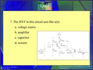 © 2012 Pearson Education. Upper Saddle River, NJ, 07458.
All rights reserved.
Electronic Devices, 9th edition
Thomas L. Floyd
Quiz
7. The JFET in this circuit acts like a(n)
a. voltage source
b. amplifier
c. capacitor
d. resistor
 