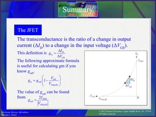 © 2012 Pearson Education. Upper Saddle River, NJ, 07458.
All rights reserved.
Electronic Devices, 9th edition
Thomas L. Floyd
The JFET
The transconductance is the ratio of a change in output
current (ΔID
) to a change in the input voltage (ΔVGS
).
Summary
The following approximate formula
is useful for calculating gm if you
know gm0
.
ΔID
ΔVGS
The value of gm0
can be found
from
This definition is
 
