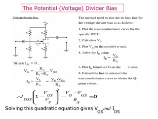 The Potential (Voltage) Divider Bias
01
2
=
−
−








−∴
S
GSG
P
GS
DSS R
VV
V
V
I
DSGS
IVgivesequationquadraticthisSolving and
 