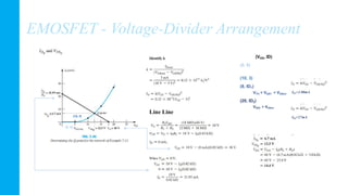 EMOSFET - Voltage-Divider Arrangement
Identify k (VGS, ID)
(5, 0)
(10, 3)
(8, ID1)
VTH < VGS1 < VGSon
(20, ID2)
VGS2 > VGSon
Line Line
(5, 0)
(10, 3) ID2=27mA
ID1=1.80mA
 