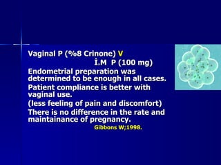 Vaginal P (%8 Crinone)   V   İ.M  P (100 mg) Endometrial preparation was determined to be enough in all cases.  Patient compliance is better with vaginal use.  (less feeling of pain and discomfort) There is no difference in the rate and maintainance of pregnancy. Gibbons W;1998. 