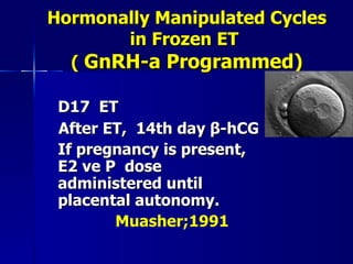 Hormonally Manipulated Cycles in Frozen ET  (  GnRH-a Programmed) D17  ET After ET,  14th day  β -hCG If pregnancy is present, E2 ve P  dose administered until placental autonomy. Muasher;1991 