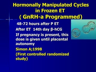 Hormonally Manipulated Cycles in Frozen ET  (  GnRH-a Programmed)   48-72 hours after P ET After ET  14th day  β -hCG If pregnancy is present, this dose is given until placental autonomy S imon A;1998 (First controlled randomized study)   