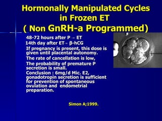 Hormonally Manipulated Cycles in Frozen ET  ( Non  GnRH-a Programmed) 48-72 hours after P -> ET 14th day after ET->  β -hCG If pregnancy is present, this dose is given until placental autonomy. The rate of cancellation is low,  The probability of premature P secretion is small. Conclusion : 6mg/d Mic. E2, gonadotropin secretion is sufficient for prevention of spontaneous ovulation and  endometrial preparation.   Simon A;1999. 