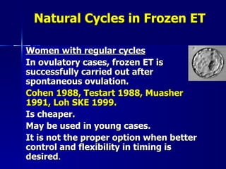 Natural Cycles in Frozen ET Women with regular cycles In ovulatory cases, frozen ET is successfully carried out after spontaneous ovulation. Cohen 1988, Testart 1988, Muasher 1991, Loh SKE 1999. Is cheaper. May be used in young cases.  It is not the proper option when better control and flexibility in timing is desired . 