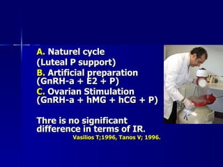 A.  Naturel cycle  (Luteal P support) B.  Artificial preparation (GnRH-a  +  E2  +  P) C.  Ovarian Stimulation  (GnRH-a  +  hMG  +  hCG  +  P) Thre is no significant difference in terms of IR . Vasilios T;1996, Tanos V; 1996. 