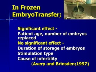 In  Frozen EmbryoTransfer; Significant effect - Patient  age , number of embryos  replaced No significant effect - Duration of storage of embryos Stimulation type Cause of infertility ( Avery and Brinsden;1997) 