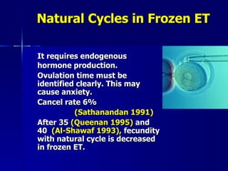Natural Cycles in Frozen ET It requires endogenous hormone production. Ovulation time must be identified clearly. This may cause anxiety.  Cancel rate 6%  (Sathanandan 1991) After 35  (Queenan 1995)  and 40  (Al-Shawaf 1993),  fecundity with natural cycle is decreased in frozen ET.  