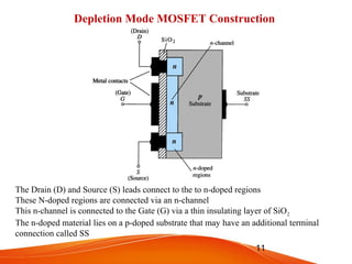 11
Depletion Mode MOSFET Construction
The Drain (D) and Source (S) leads connect to the to n-doped regions
These N-doped regions are connected via an n-channel
This n-channel is connected to the Gate (G) via a thin insulating layer of SiO2
The n-doped material lies on a p-doped substrate that may have an additional terminal
connection called SS
 