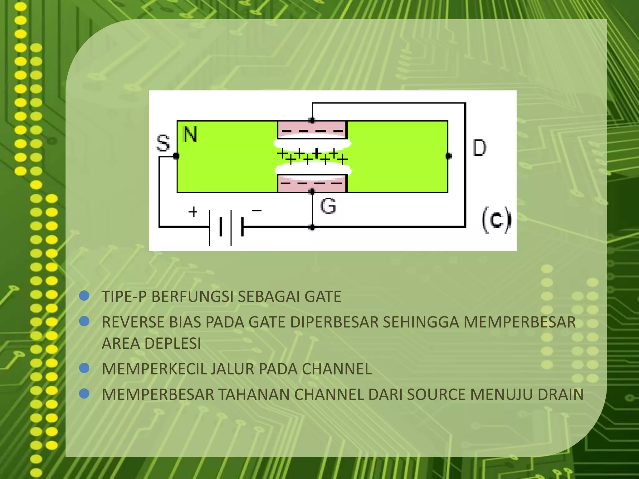 TERJADI DEPLESI/PENIPISAN PADA CHANNEL KARENA GERAKAN ELEKTRON PADA GATE