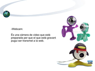 -Webcam: És una càmera de video que està preparada per que el que està gravant pugui ser transmet a la web. 