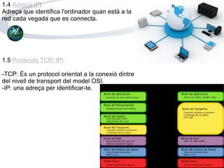 1.4  Adreça IP : Adreça que identifica l'ordinador quan està a la red cada vegada que es connecta. 1.5  Protocols TCP/ IP :   -TCP: És un protocol orientat a la conexió dintre del nivell de transport del model OSI. -IP: una adreça per identificar-te. 