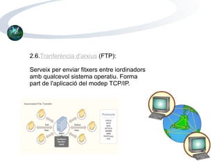 2.6. Tranferència d'arxius  (FTP): Serveix per enviar fitxers entre iordinadors amb qualcevol sistema operatiu. Forma part de l'aplicació del modep TCP/IP. 