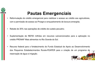 Pautas Emergenciais
• Reformulação do crédito emergencial para viabilizar o acesso ao crédito aos agricultores,
com a permissão de acesso ao Proagro e enquadramento de lavoura emergida;
• Rebate de 30% nas operações de crédito de custeio pecuário;
• Suplementação de R$700 milhões em recursos subvencionados para a aplicação no
crédito PRONAF Mais alimentos no Rio Grande do Sul.
• Recurso federal para o fortalecimento do Fundo Estadual de Apoio ao Desenvolvimento
dos Pequenos Estabelecimentos Rurais-FEAPER para a criação de um programa de
reservação de água e irrigação.
 