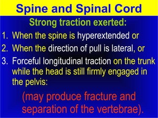 Spine and Spinal Cord 
Strong traction exerted: 
1. When the spine is hyperextended or 
2. When the direction of pull is lateral, or 
3. Forceful longitudinal traction on the trunk 
while the head is still firmly engaged in 
the pelvis: 
(may produce fracture and 
separation of the vertebrae). 
 
