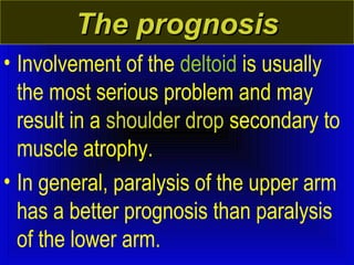 TThhee pprrooggnnoossiiss 
• Involvement of the deltoid is usually 
the most serious problem and may 
result in a shoulder drop secondary to 
muscle atrophy. 
• In general, paralysis of the upper arm 
has a better prognosis than paralysis 
of the lower arm. 
 