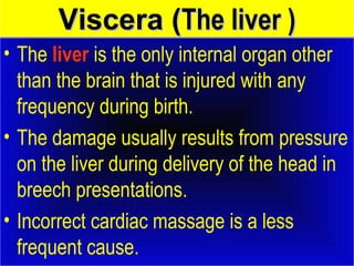 VViisscceerraa ((TThhee lliivveerr )) 
• The liver is the only internal organ other 
than the brain that is injured with any 
frequency during birth. 
• The damage usually results from pressure 
on the liver during delivery of the head in 
breech presentations. 
• Incorrect cardiac massage is a less 
frequent cause. 
 