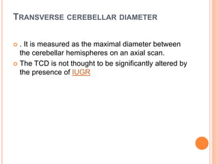 TRANSVERSE CEREBELLAR DIAMETER
 . It is measured as the maximal diameter between
the cerebellar hemispheres on an axial scan.
 The TCD is not thought to be significantly altered by
the presence of IUGR
 