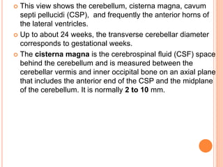  This view shows the cerebellum, cisterna magna, cavum
septi pellucidi (CSP), and frequently the anterior horns of
the lateral ventricles.
 Up to about 24 weeks, the transverse cerebellar diameter
corresponds to gestational weeks.
 The cisterna magna is the cerebrospinal fluid (CSF) space
behind the cerebellum and is measured between the
cerebellar vermis and inner occipital bone on an axial plane
that includes the anterior end of the CSP and the midplane
of the cerebellum. It is normally 2 to 10 mm.
 