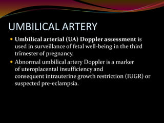 UMBILICAL ARTERY
 Umbilical arterial (UA) Doppler assessment is
used in surveillance of fetal well-being in the third
trimester of pregnancy.
 Abnormal umbilical artery Doppler is a marker
of uteroplacental insufficiency and
consequent intrauterine growth restriction (IUGR) or
suspected pre-eclampsia.
 
