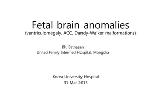 Fetal brain anomalies
(ventriculomegaly, ACC, Dandy-Walker malformations)
Kh. Batnasan
United Family Intermed Hospital, Mongolia
Korea University Hospital
31 Mar 2015
 