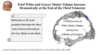 (Center for Disease Control, 2015; Nuclear Medical Inc., 2013; Kinney, 2006; Volpe, 2006)
Birth prior to 40 weeks
gestation Interrupts the Most
Active Period of Growth for
the Grey Matter in the Brain.
5-Fold Increase in
White Matter Volume
during Last
6 Weeks of Gestation.
Fetal White and Grayer Matter Volume Increase
Dramatically at the End of the Third Trimester
 