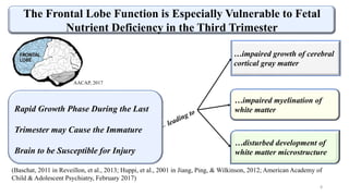 Rapid growth phase during the last trimester may cause the immature brain to be susceptible for
injury, leading to impaired growth of cerebral cortical gray matter and myelination of white
matter, disturbed development of white matter microstructure
8
(Baschat, 2011 in Reveillon, et al., 2013; Huppi, et al., 2001 in Jiang, Ping, & Wilkinson, 2012; American Academy of
Child & Adolescent Psychiatry, February 2017)
…impaired growth of cerebral
cortical gray matter
…impaired myelination of
white matter
…disturbed development of
white matter microstructure
The Frontal Lobe Function is Especially Vulnerable to Fetal
Nutrient Deficiency in the Third Trimester
Rapid Growth Phase During the Last
Trimester may Cause the Immature
Brain to be Susceptible for Injury
AACAP, 2017
 