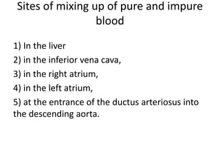 Sites of mixing up of pure and impure
blood
1) In the liver
2) in the inferior vena cava,
3) in the right atrium,
4) in the left atrium,
5) at the entrance of the ductus arteriosus into
the descending aorta.
 