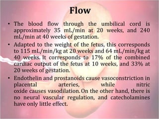 Flow
• The blood flow through the umbilical cord is
approximately 35 mL/min at 20 weeks, and 240
mL/min at 40 weeks of gestation.
• Adapted to the weight of the fetus, this corresponds
to 115 mL/min/kg at 20 weeks and 64 mL/min/kg at
40 weeks. It corresponds to 17% of the combined
cardiac output of the fetus at 10 weeks, and 33% at
20 weeks of gestation.
• Endothelin and prostanoids cause vasoconstriction in
placental arteries, while nitric
oxide causes vasodilation.On the other hand, there is
no neural vascular regulation, and catecholamines
have only little effect.
 