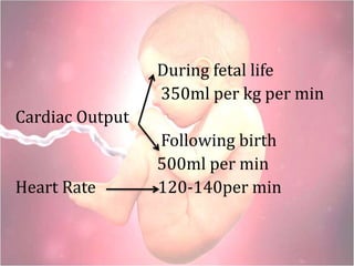 During fetal life
350ml per kg per min
Cardiac Output
Following birth
500ml per min
Heart Rate 120-140per min
 