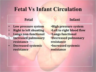 Fetal Vs Infant Circulation
Fetal Infant
• Low pressure system
• Right to left shunting
• Lungs non-functional
• Increased pulmonary
resistance
• Decreased systemic
resistance
•High pressure system
•Left to right blood flow
•Lungs functional
•Decreased pulmonary
resistance
•Increased systemic
resistance
 