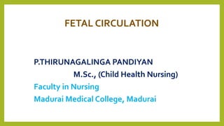 FETAL CIRCULATION
P.THIRUNAGALINGA PANDIYAN
M.Sc., (Child Health Nursing)
Faculty in Nursing
Madurai Medical College, Madurai
 