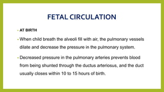 FETAL CIRCULATION
• AT BIRTH
• When child breath the alveoli fill with air, the pulmonary vessels
dilate and decrease the pressure in the pulmonary system.
• Decreased pressure in the pulmonary arteries prevents blood
from being shunted through the ductus arteriosus, and the duct
usually closes within 10 to 15 hours of birth.
 