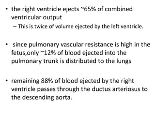 • the right ventricle ejects ~65% of combined
ventricular output
– This is twice of volume ejected by the left ventricle.
• since pulmonary vascular resistance is high in the
fetus,only ~12% of blood ejected into the
pulmonary trunk is distributed to the lungs
• remaining 88% of blood ejected by the right
ventricle passes through the ductus arteriosus to
the descending aorta.
 