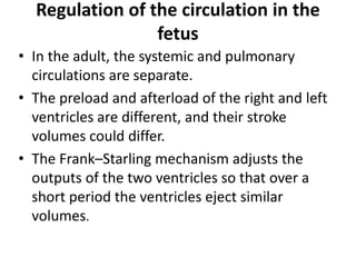 Regulation of the circulation in the
fetus
• In the adult, the systemic and pulmonary
circulations are separate.
• The preload and afterload of the right and left
ventricles are different, and their stroke
volumes could differ.
• The Frank–Starling mechanism adjusts the
outputs of the two ventricles so that over a
short period the ventricles eject similar
volumes.
 