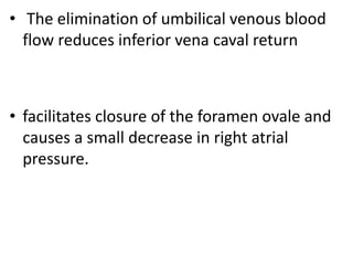 • The elimination of umbilical venous blood
flow reduces inferior vena caval return
• facilitates closure of the foramen ovale and
causes a small decrease in right atrial
pressure.
 