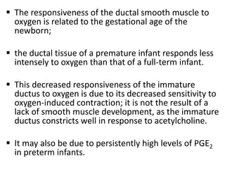  The responsiveness of the ductal smooth muscle to
oxygen is related to the gestational age of the
newborn;
 the ductal tissue of a premature infant responds less
intensely to oxygen than that of a full-term infant.
 This decreased responsiveness of the immature
ductus to oxygen is due to its decreased sensitivity to
oxygen-induced contraction; it is not the result of a
lack of smooth muscle development, as the immature
ductus constricts well in response to acetylcholine.
 It may also be due to persistently high levels of PGE2
in preterm infants.
 