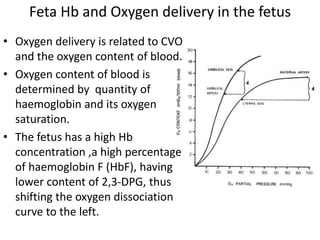 Feta Hb and Oxygen delivery in the fetus
• Oxygen delivery is related to CVO
and the oxygen content of blood.
• Oxygen content of blood is
determined by quantity of
haemoglobin and its oxygen
saturation.
• The fetus has a high Hb
concentration ,a high percentage
of haemoglobin F (HbF), having
lower content of 2,3-DPG, thus
shifting the oxygen dissociation
curve to the left.
 
